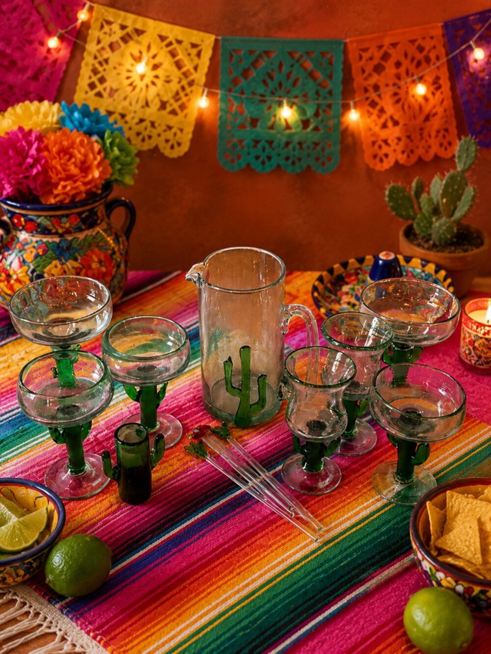Vintage Mexican Cactus Margarita Glass Set Pitcher Swizzle Sticks Barware Fiest